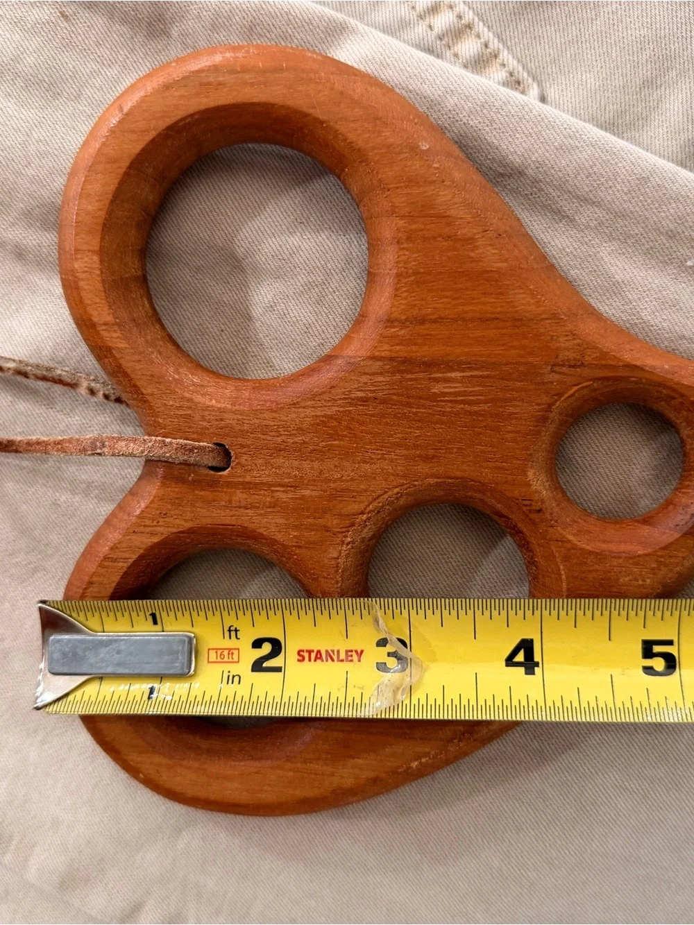 Vintage Wooden Heart Spaghetti Measurer 5 Holes Leather Loop
